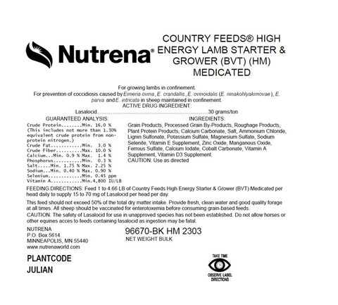 Nutrena® Country Feeds® Hi Energy Lamb Starter/Grower Pellet with Bovatec 50 lbs
