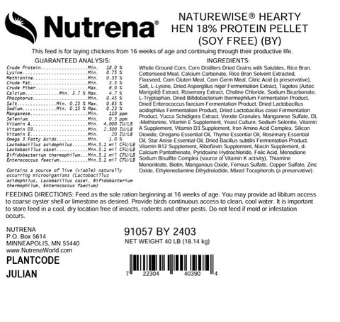 Nutrena® NatureWise® Hearty Hen® 18% Soy-Free Protein Pellet 40 lbs
