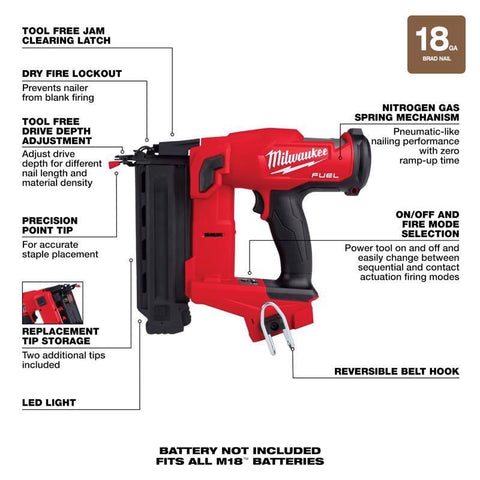 Milwaukee M18 FUEL Cordless Brad Nailer, 18 Ga.