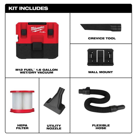 Milwaukee Wet & Dry Vacuum, 1.6 Gal, HEPA Filter, 12V, Black/Red