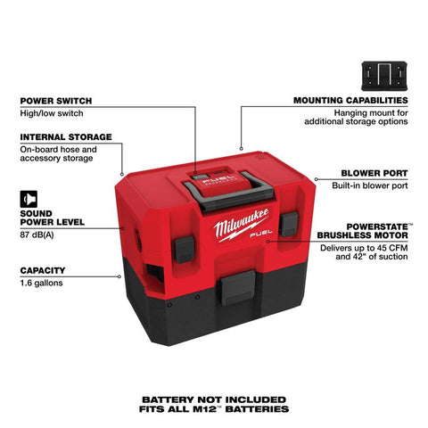 Milwaukee Wet & Dry Vacuum, 1.6 Gal, HEPA Filter, 12V, Black/Red