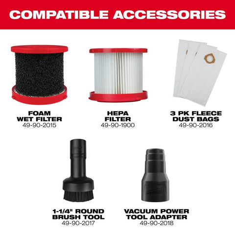 Milwaukee Wet & Dry Vacuum, 1.6 Gal, HEPA Filter, 12V, Black/Red