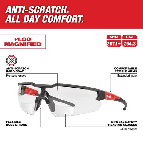 Milwaukee Magnified Safety Glasses, Clear Lens