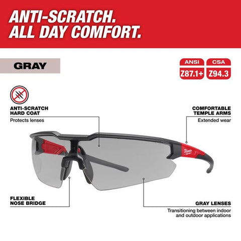 Milwaukee Anti-Scratch Lens Safety Glasses, Polycarbonate, Gray