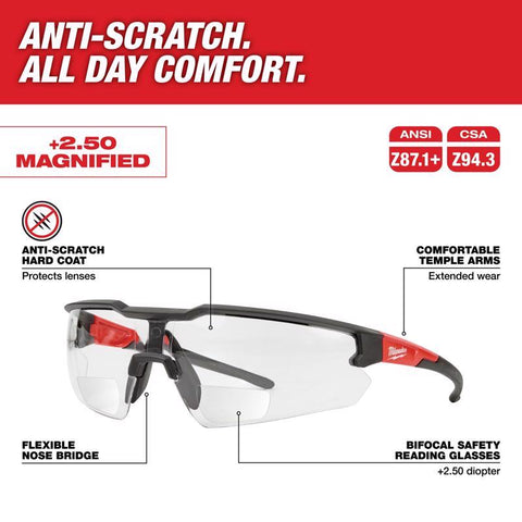Milwaukee Magnified Safety Glasses, Black/Red Frame