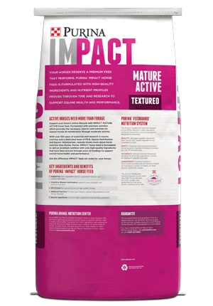 Purina Impact Mature Active 10:10 Textured Horse Feed 50 lb bag back