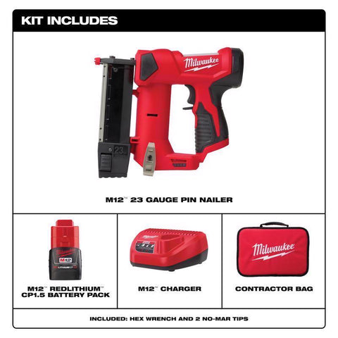 Milwaukee M12 Cordless Pin Nailer Kit, 12 Volt