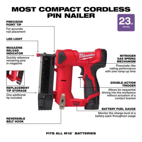 Milwaukee M12 Cordless Pin Nailer Kit, 12 Volt