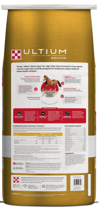 Purina Ultium Senior Horse Feed 50 lb bag back with guaranteed analysis