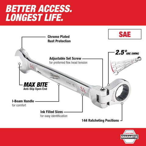 Milwaukee SAE Flex Head Combination Wrench, Chrome Vanadium Steel