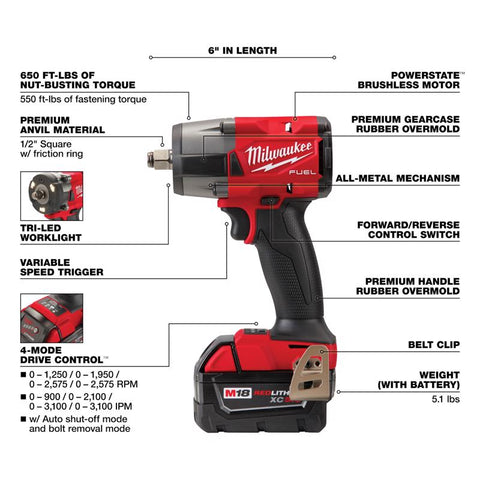 Milwaukee M18 Fuel Mid-Torque Impact Wrench, 1/2 inch