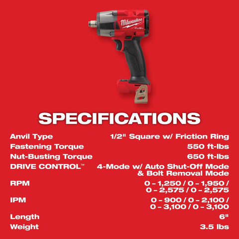 Milwaukee M18 Fuel Mid-Torque Impact Wrench, 1/2 inch