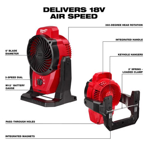 Milwaukee M12 Cordless Jobsite Fan, Black/Red, 3 speed