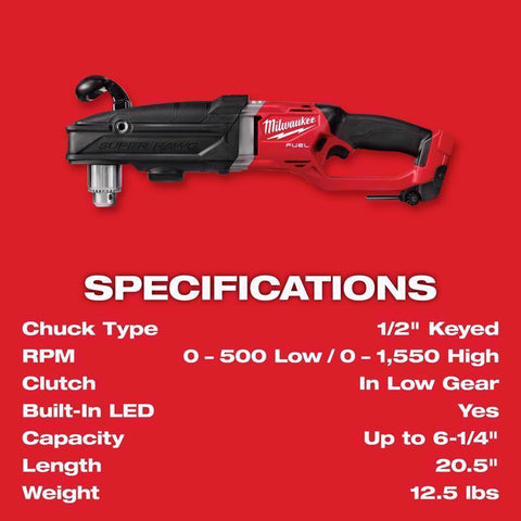 Milwaukee M18 Fuel Cordless Right-Angle Drill, 18 V, 1/2 inch
