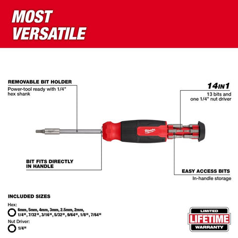 Milwaukee Hex Shank 14-in-1 Multi-Bit Screwdriver, 16 Pieces