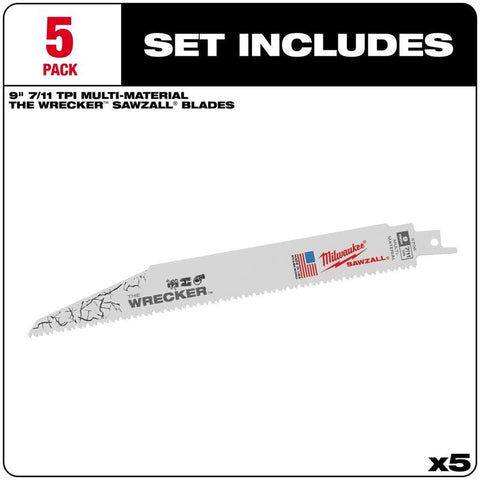 Milwaukee The Wrecker SAWZALL Saw Blades, 9", 8 TPI, 5-Pack