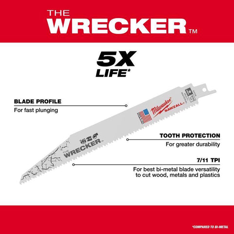 Milwaukee Wrecker 8-TPI Reciprocating Saw Blade 12", Bi-Metal