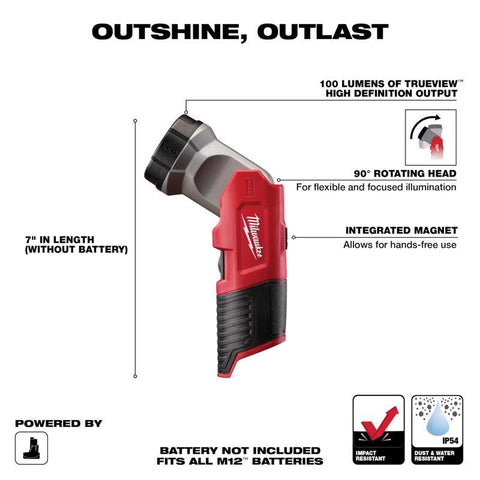 Milwaukee M12 Cordless LED Work Light, 160 Lumens, Black & Red