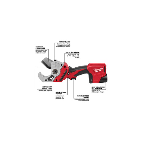 Milwaukee M12 Lithium-Ion Cordless PVC Shear Kit, 12 V