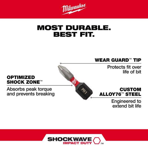 Milwaukee #2 Phillips Shockwave Insert Bit, 1"