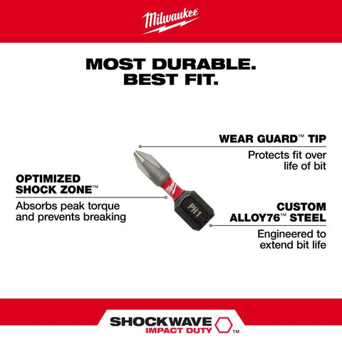 Milwaukee Shockwave Square Recess Insert Bits, 1", #1, 5-Pack