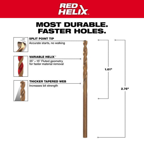 Milwaukee Red Helix Cobalt Straight Shank Drill Bit, 1/8"