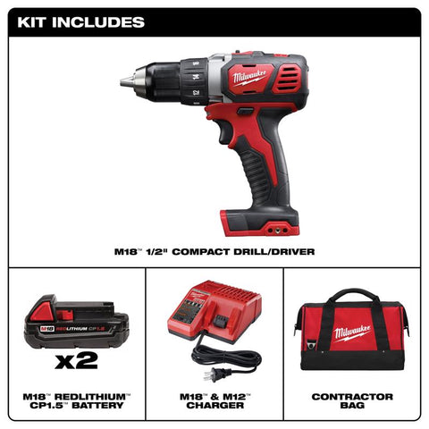 Milwaukee M18 Compact Drill Driver Kit, 1/2"