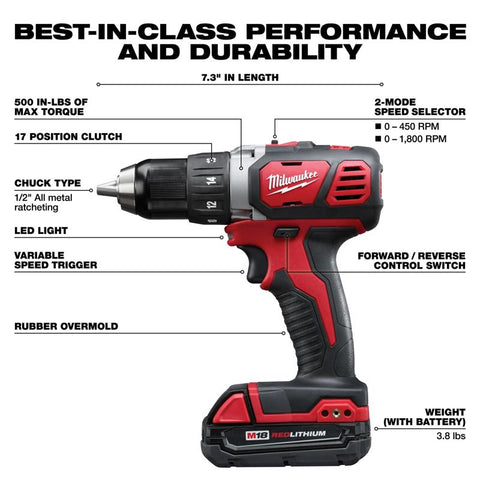 Milwaukee M18 Compact Drill Driver Kit, 1/2"