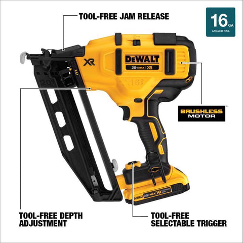 DeWalt Cordless Angled Finish Nailer Gun, 16 Gauge, 20 Volt