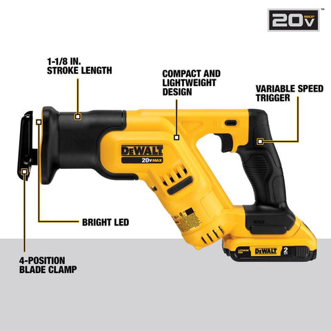 DeWalt 20 V Max Lithium-Ion Reciprocating Saw Kit, Yellow, 10 Amp