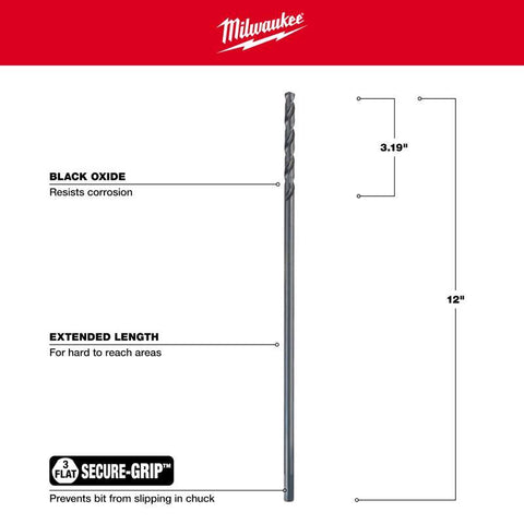 Milwaukee Black Oxide Drill Bit, 5/16" Dia x 12" L