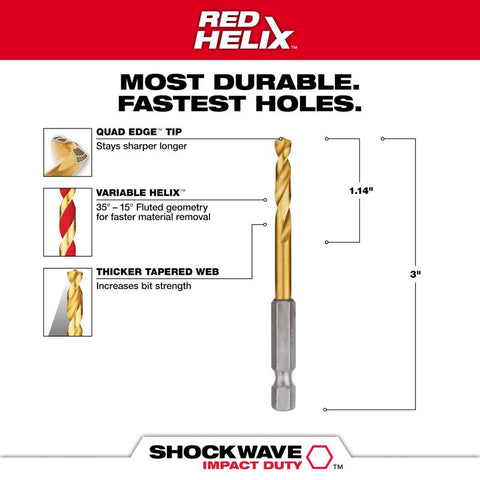 Milwaukee SHOCKWAVE Impact Duty Titanium Drill Bits, RED HELIX, 3/16"