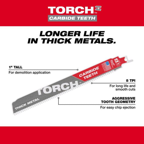 Milwaukee Torch Sawzall Reciprocating Saw Blade, 9" L