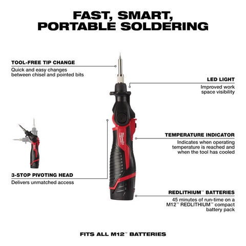 Milwaukee M12 Lithium-Ion Cordless Soldering Iron Kit, Red