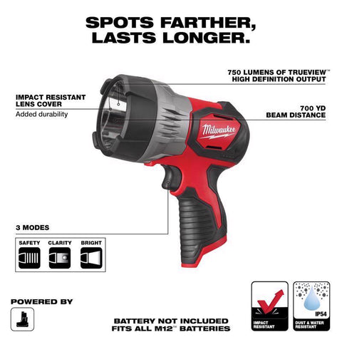 Milwaukee M12 Lithium-Ion Trueview LED Spot Light, Cordless, Red
