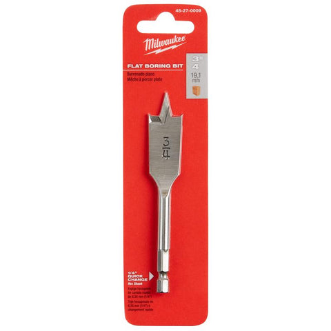 Milwaukee Flat Boring Bit, Carbon Steel, 4-1/2" L x 3/4" Dia