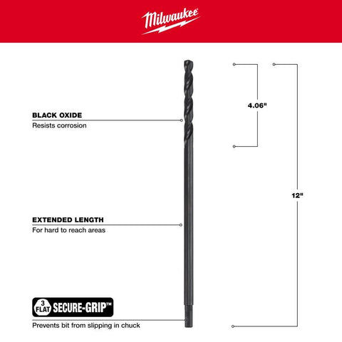 Milwaukee Aircraft Length Drill Bit, Black Oxide, 7/16" Dia x 12" L