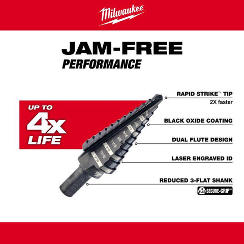 Milwaukee Jam Free Performance #4 Step Drill Bit, 3/16"-7/8" x 1/16"