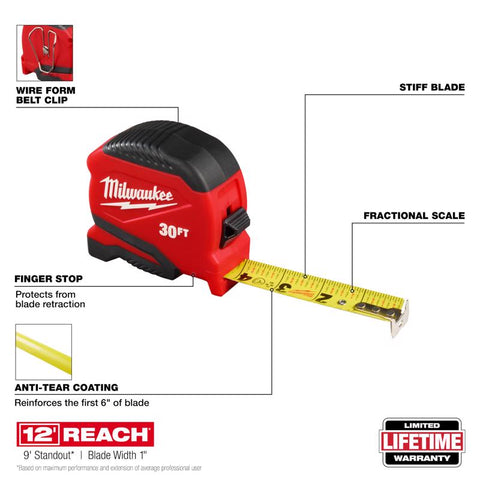 Milwaukee Compact Tape Measures with Belt Clip, 30'