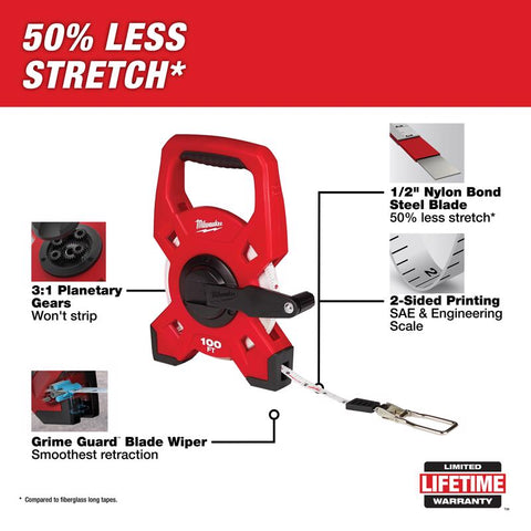 Milwaukee Open Reel Long Tape Measure, Red, 100' L