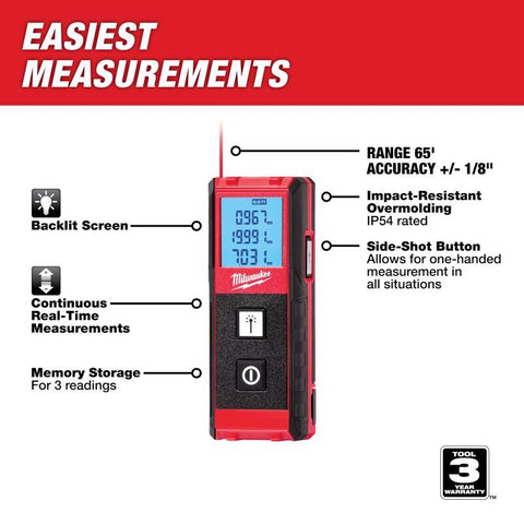 Milwaukee Laser Distance Meter, Plastic, Red & Black, 65'