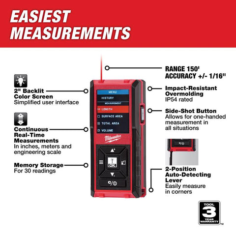 Milwaukee Laser Distance Meter, Plastic, Red & Black, 150'