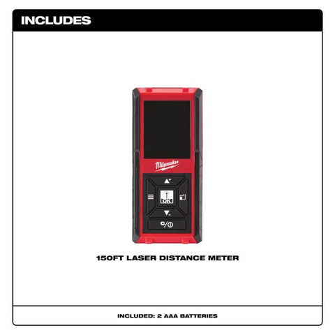 Milwaukee Laser Distance Meter, Plastic, Red & Black, 150'
