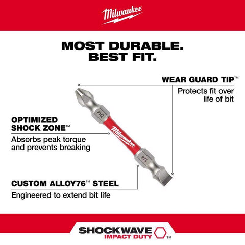 Milwaukee Shockwave Impact Duty Double Ended Power Bit, PH2/SQ2