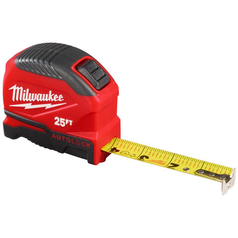 Milwaukee Auto Lock Tape Measure, Red, 25' L