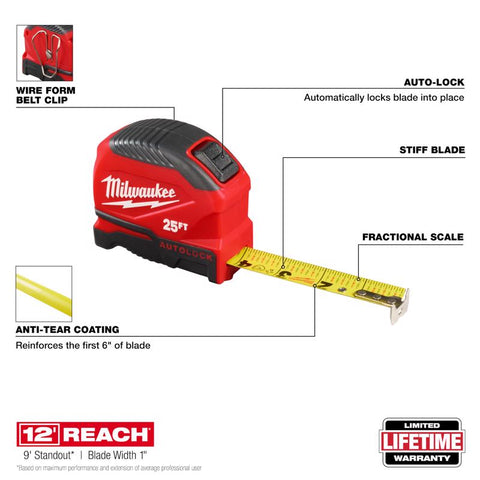 Milwaukee Auto Lock Tape Measure, Red, 25' L