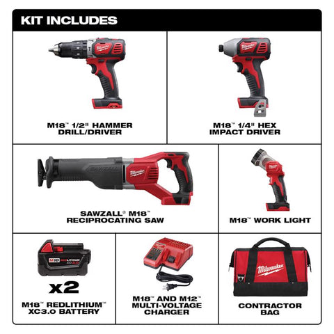 Milwaukee M18 Cordless Compact Combo Tool Kit, 18 V