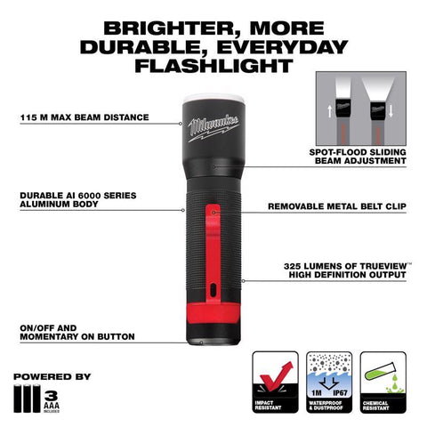 Milwaukee Focusing Flashlight, 5.39", Black/Red