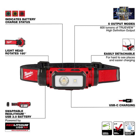 Milwaukee TRUEVIEW USB Rechargeable Hard Hat Headlamp, Black & Red