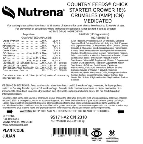 Nutrena® Country Feeds® Chick Starter Grower 18% Protein Crumble Medicated 25 lbs